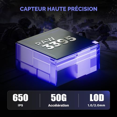 YUNZII M2 Souris Gamer sans Fil Dual 8K PAW3395, DPI 6 Niveaux (Blanc) – vue 3