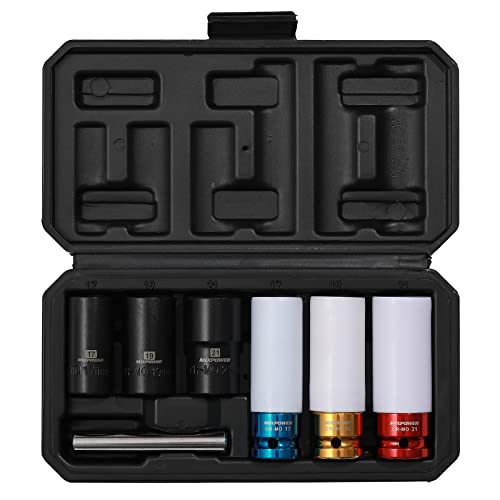 Image of MIXPOWER 7 Pieces 1 /2 inch Dr. Twist Socket and 1 /2 inch Dr. Thin Wall Deep Wheel Protector Impact Socket Set, Lug Nut Remover Extractor Tools, CR-MO, 6-Point, 17, 19, 21mm