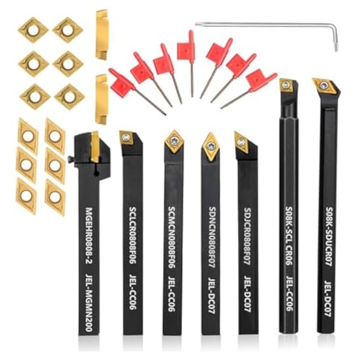 Tsadeer Outil de tour de 5/16 pouces avec tige de 8 mm, 7 pièces, porte-outils pour tour pour tournage, rainure, filetage, alésage avec 14 pièces en carbure