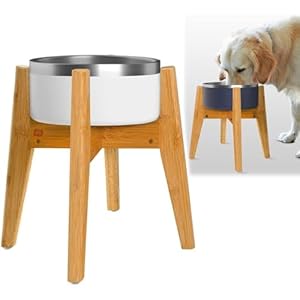 Dog Bowl Stand (14-inch High) – Ideal for Large Breeds, Use to Elevate, Raise Pet Dishes, Water Fountains and Slow Feeders – Adjustable Sideways, Bamboo – (Bowls not Included)