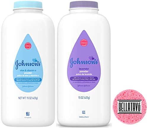 Pure Cornstarch Baby Powder Bundle. Includes One 15 OZ Johnsons Lavender Baby Powder, One 15 OZ Johnsons Aloe Vera/Vitamin E Baby Powder Plus a BELLATAVO Brand Pink Compressed Facial Sponge!