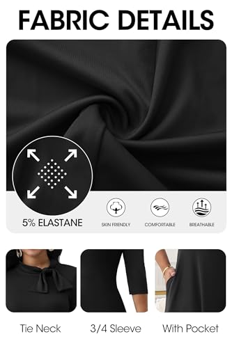 Image of FANDEE Maxi Dress for Women Long Elegant 3 /4 Sleeve Bow Tie Neck A Line Casual Party Church Dresses with Pockets
