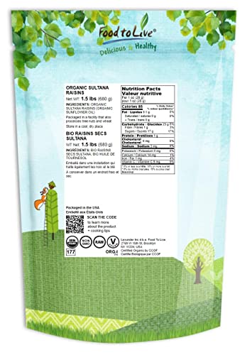 Organic Sultana Raisins, 1.5 Pounds – Non-Gmo, Unsweetened, Unsulfured, Lightly Coated With Organic Sunflower Oil, Vegan, Paleo Friendly, Bulk. No Sugar Added. Vitis Vinifera Linne #TOP1