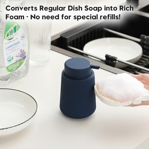 Image of YAUKPH Striped Foaming Hand Soap Dispenser with Leak-Proof Pump for Bathroom and Kitchen Countertop 11oz Navy Blue