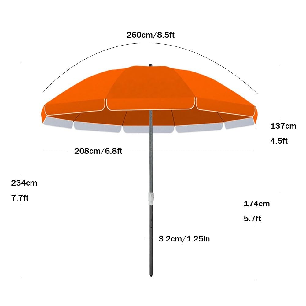 Ombrellone da Spiaggia Regolabile in Altezza con Protezione Solare, Tessuto Impermeabile con Rivestimento Argentato, Ombrellone da Esterno Arancione