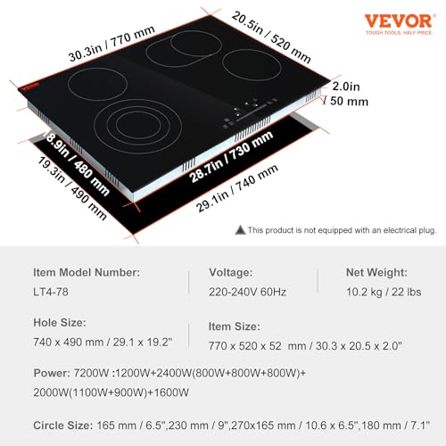 Image of VEVOR Electric Stove Top 30inch 4 Burners Electric Cooktop,9 Power Levels & Sensor Touch Control,Easy to Clean Ceramic Glass Surface,Child Safety Lock,240V