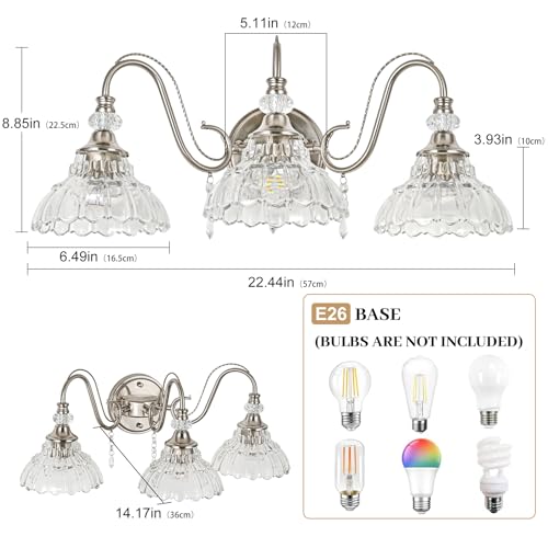 Image of Brushed Nickel Bathroom Vanity Light, 3-Light Nickel Finish Wall Sconce with Hanging Crystal Accents and Flower-Shaped Clear Glass Shades, Modern Wall Mount Vanity Light Over Mirror for Bathroom