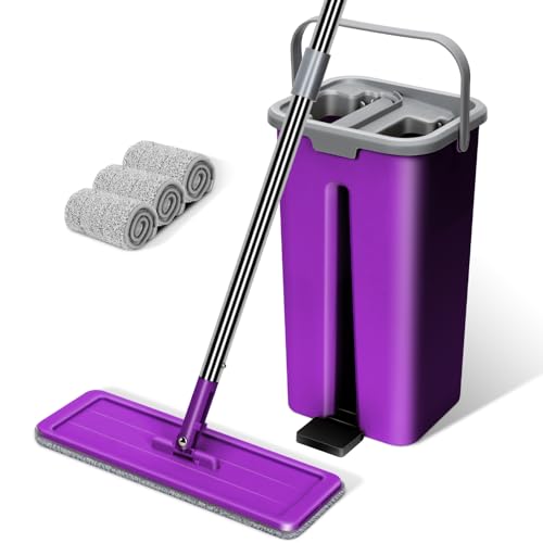 Masthome Juego de Fregona y Cubo,Fregona Plana Profesional con 3 paños de Recambio,mopas de Limpieza Suelos, con Mango de Acero Inoxidable de 148 cm,para Madera Dura, mármol, Azulejos