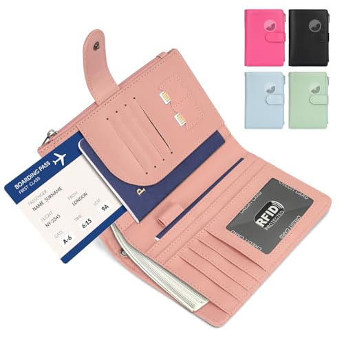 RFID Passport Holder for Women/Men Travel Gift, Large Capacity Passport Wallet, Family Travel Documents Organizer with Card/Airtag Slots, Zipper coin pocket, Cash Holder Passport Cover Case(Baby Pink)