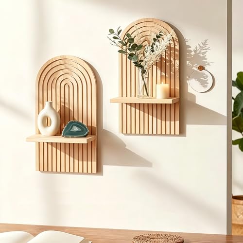 LIYAOLI Boho Plant Wall Shelf Set of 2-15 x 8.6 Inch Arched Wooden Hanging Shelves for Living Room & Bedroom - Mid-Century Modern Bohemian Wall Decor (Natural Wood Finish)