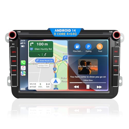 Radio de coche para VW Golf 5 6 T5 Polo Sharan Passat Tiguän,[Android 14.0 4GB+64GB 2.0Ghz] CAWELL Doble DIN Radio con 4G/Navi/Bluetooth (8 pulgadas, 2.0 GHz, 8 núcleos, Android 14 mi DAB)