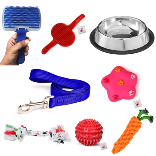 Jazzyhood Pet Care (8 in 1) Toddler Kit for Puppies, Small Breeds Cotton, Stainless Steel, Rubber Ball, Bone, Tug Toy, Treat Dispensing Toy, Training Aid, Tough Toy, Squeaky Toy for Dog