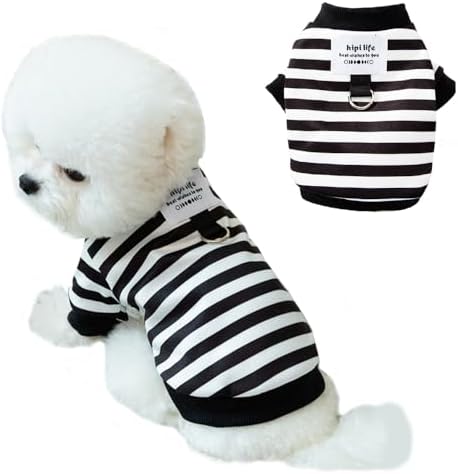 Autumn Dog Hoodies with Leash Ring Warm Striped Puppy Shirt for Small Dog Girl Boy Cat Sweater Winter Pet Clothes Pomeranian Chihuahua Cold Weather Coat (Medium, Black)