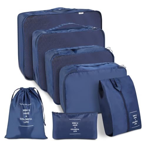 Organizer Valigia - Packing Cubes - Borse da Viaggio in Poliestere, 7 Pezzi,Leggere e Impermeabili, Salvaspazio, Ideali per Valigia e Zaino