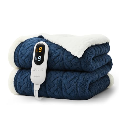 KEPLIN Large Electric Heated Throw Blanket - Electric Heated Blanket Throw for Bedspread 9 Heat Settings & Timer, Machine Washable Fleece Wool Duvet with 1 Year Warranty - Navy/Cream Jacquard Sherpa