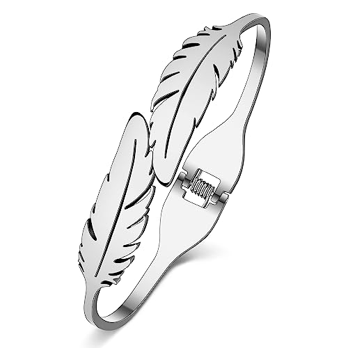 Image of DUOWEI Cute Feather Cuff Bracelet Bangle Stainless Steel 18K Real Gold Plated Leaf Feather Lucky Charms for Women Girls (Silver)