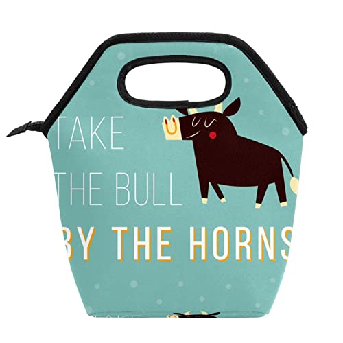 Insulated Lunch Boxes Lunch Bags for Kids Funny Take The Bull by The Horns Meal Package Containers for Women Men Outdoor Picnic Tote with Zipper