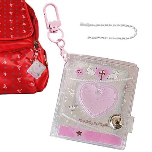 Mini llavero para álbum de fotos – Libro de tarjetas fotográficas, diseño de corazón, llavero, álbum de fotos brillante y transparente, con 24 bolsillos, para fotos de 5 cm, pantalla escolar de viaje