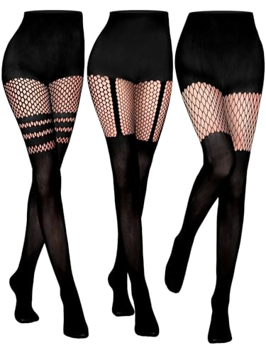 Jansun 3 Pairs Faux Thigh High Fishnet Stockings, Black Opaque Tights Women Fishnet Tights