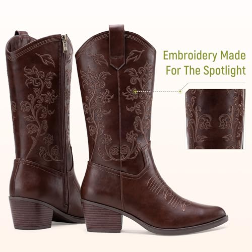 Vepose 9803 Cowboy Boots Women, Cowgirl Embroided Western Pull on Pointed Toe Mid-Calf Chunky Heel Boots with Inside Zipper4