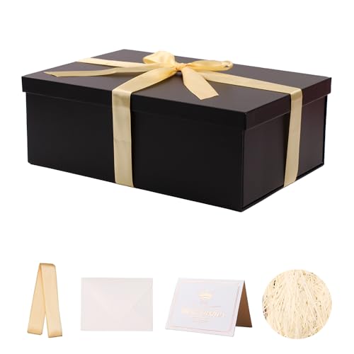 KdmNzoo Geschenkbox mit Deckel 31 x 21 x 11 cm, Geschenkbox mit Schleifen, Grußkarten, Raffia Hamper Shreds für schwarz