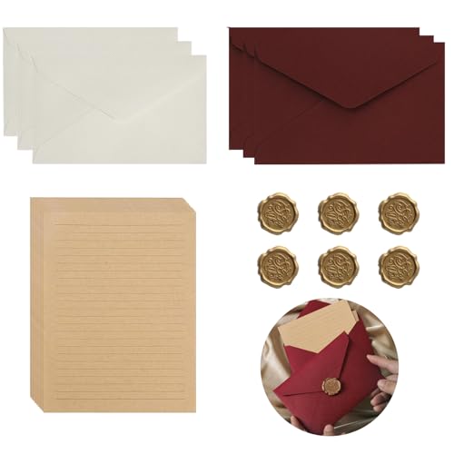 32 Stück Vintage Briefpapier mit Umschlag Set, Papier Umschläge Set mit 6 Leinenumschlag Umschläge und Wachssiegel 10 A5 Briefpapier Vintage Papier für Geburtstag Hochzeits Einladung Grußkarten