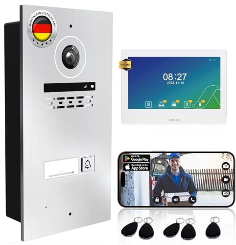 MATHFEL 1 Familienhaus 2 Draht Bus WLAN Video-Türsprechanlage, 1x7 Zoll Monitor mit Full HD 2 Megapixel 170 Grad Weitwinkelkamera -Außenstation in Silber mit RFID