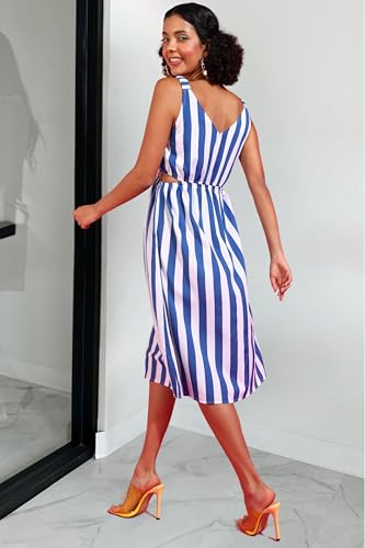 Image of POPWINGS Women Casual Blue & White Stripe Cutout Dress Dress | Stylish Dress | Trendy Dress