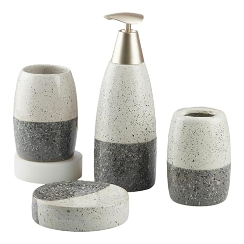 Image of SaSaSa Ceramic Bathroom Accessories Set of 4 Modern Bath Set with Soap Dispenser & Toothbrush Holder, Luxury Home & Gift Idea, Grey (10480)