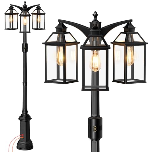 OYKYOHEI Outdoor Lamp Post Motion Sensor with Outlet Dusk to Dawn Pole Lights 3-Head Classic Black 360Detection Waterproof Anti-Rust Aluminum Street Lighting for Yard Backyard Patio Driveway