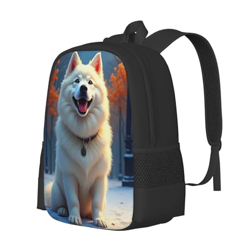 A White Dog is Standing in The Snow with Its Mouth Open Comfort Fit Unisex Backpack Padded Straps for Long - Haul Carrying Work & Travel Use2