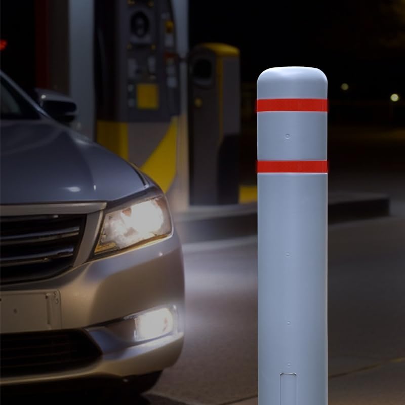 4"x46" Grey Bollard Covers - High-Visibility with Reflective Tape & Built-in Sponge, HDPE Plastic Slip-On Covers for Warehouse Aisle, Parking Lot, Outdoor Safety.