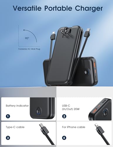 Image of Nusyddy Portable Charger 10000mAh PD20W w /Built-in Cables & Wall Plug Black | PD20W Fast Charging, Battery Indicator, Pass Through Charging, TSA Approved, Compact /Slim, Power Bank for iPhone /iPad /Samsung