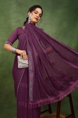 Image of MIRCHI FASHION Saree for Woman Georgette Solid with Satin Stripes | Stone Border Farewell and Ceremonial Sari with Blouse Piece