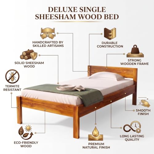 Image of Solid Wood Single Bed with Headboard, Teak finiish, 188 x 96.5 x 66 cm, No Tools Assembly,