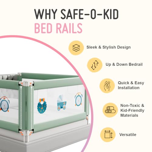 Image of Safe-O-Kid 1-Year Warranty 6 Feet /180 Cms Metal Baby Bed Rail with 28 Level (Extra Secure) Adjustable Height, Baby Safety Bed Railing for Secure Sleep, Bed Guard for Babies, Green-Pack of 3