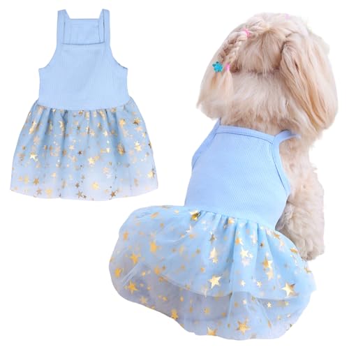 Vestido tutú para perros y gatos, vestido de tul de verano con encaje, lindo cachorro, falda de estrellas con purpurina, ropa de fiesta para perros pequeños y medianos (azul, XL)