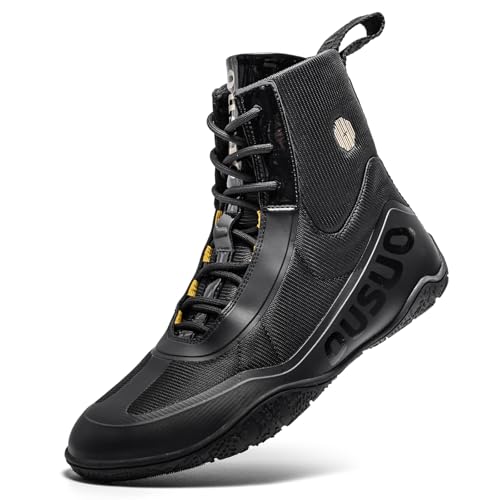 OUSUO Mens Wrestling and Boxing Shoes - High Top Zero Drop Weightlifting and Fitness Sneakers, Black, Size 7.5