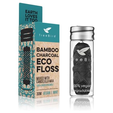 Organic Biodegradable Bamboo Charcoal Dental Floss & Refillable Glass Holder | Vegan | Naturally Waxed with Candelilla Wax | 33yd Thread Spool | Eco-Friendly Zero Waste Oral Care | Mint Flavored Cover