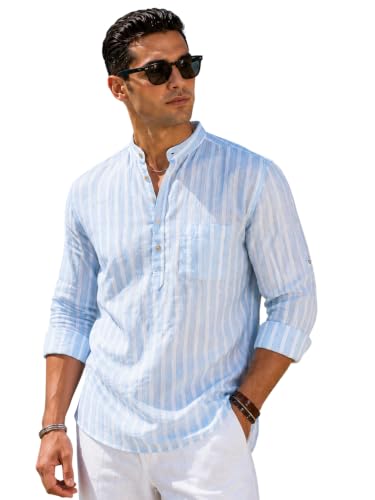 Image of Majestic Man Men's Pure Cotton Striped Mandarin Collar Slim Fit Roll-Up Sleeves Short Kurta