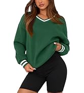 PRETTYGARDEN Women's Oversized Sweatshirts Casual Long Sleeve Stripes Knit V Neck Pullover Top Sp...