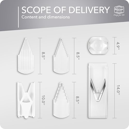 Miniatura 7 de Börner Cortador De Verduras V3 Set Inicial Mandolina En V Para 5 Tipos De Corte Cortadora Ajustable Con Cuchilla En Forma V De Acero Inoxidable Y Protector De Dedos Color: Blanco