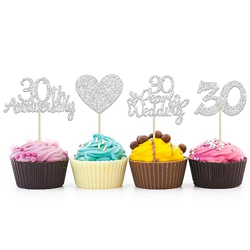 Gyufise 24 Pcs 30th Anniversary Cupcake Toppers Heart Cake Toppers Pearl Wedding Anniversary Heart Cake Decoration, Silver