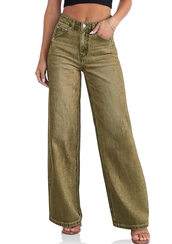 Cicy Bell Womens Wide Leg Jeans High Waisted Boyfriend Loose Baggy Denim Pants with Pockets Army Green