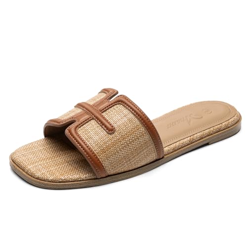 Athlefit Brown Flat Sandals for Women Raffia Comfortable Square Open