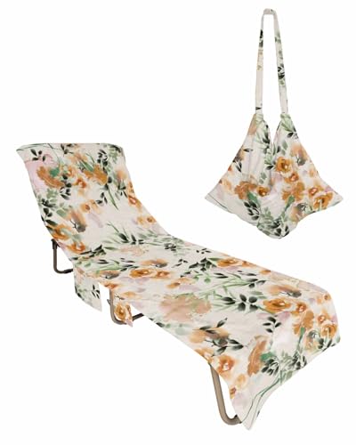 Orange Wildflower Beach Chair Towel Covers for Chaise Lounge With Side Pocket, Soft Plush Pool Towels Cover for Patio Sunbathing Outdoor 29''x85'' Rustic Watercolor Rose Floral Plant