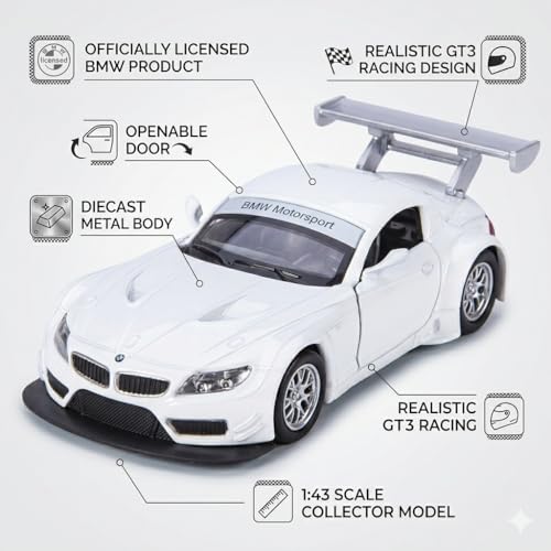 Image of MSZ Official Licensed BMW Z4 GT3 Diecast Model Car (11 CM) | 1:43 Scale Metal Toy with Opening Doors | Premium Collectible Replica for Display & Gift| BMW Car Toy Gift