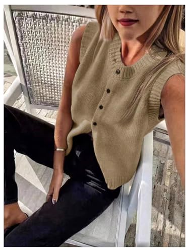 Image of Milumia Women's Round Neck Button Up Sweater Vet Sleeveless Basic Knit Tops Khaki Small