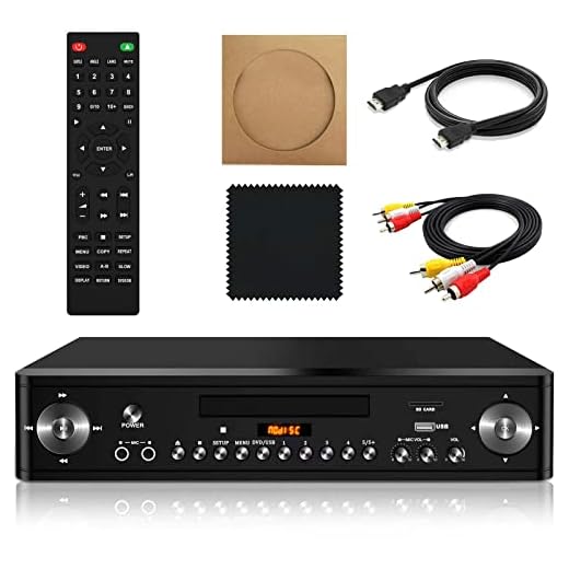 HD DVD Player for TV Upscaling 1080P, All Region DVD Players with HDMI Support USB/SD Card/Dual Microphone Input, Region Free CD & DVD Player with Stereo Dolby Sound, NTSC/PAL System, Remote Control