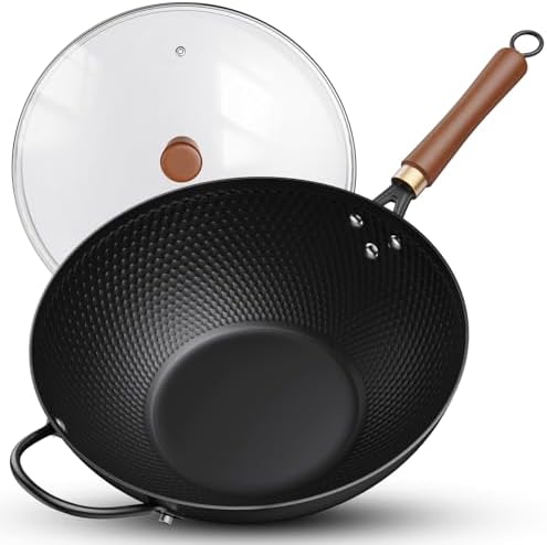 Nonstick Wok, 13-Inch Carbon Steel Wok Pan with Glass Cover, Woks...